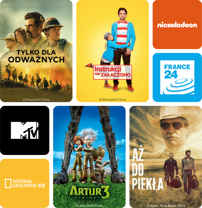 To zestawienie plakatów filmowych i logotypów różnych kanałów telewizyjnych. Na grafikach filmowych widać m.in.: 