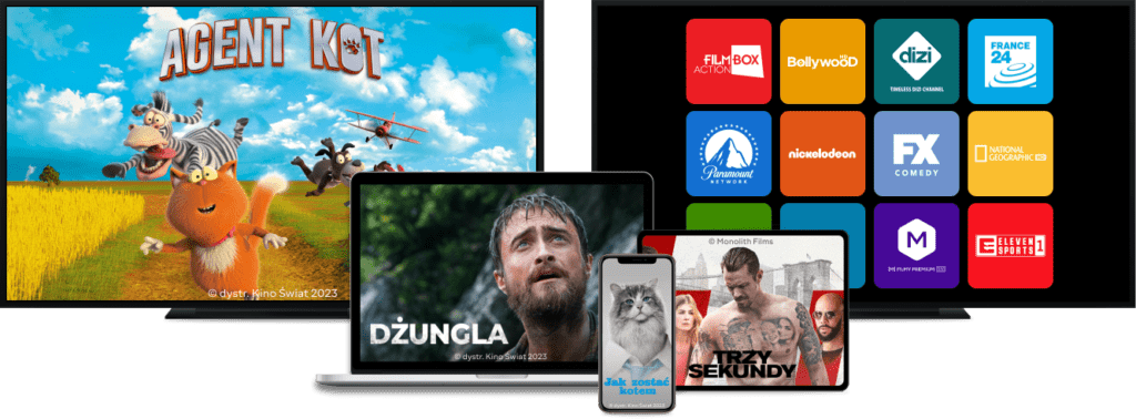 Obraz przedstawia różne urządzenia elektroniczne wyświetlające różnorodne treści multimedialne. Są to dwa telewizory, laptop, tablet oraz smartfon: Lewy telewizor pokazuje animowany film lub program zatytułowany Agent Kot. Tło jest kolorowe i zawiera postać kota oraz innych zwierząt. Prawy telewizor wyświetla siatkę ikon aplikacji różnych usług streamingowych i kanałów, takich jak FunBox Action, Bollywood, Dizi, France 24, Paramount Network, Nickelodeon, FX Comedy i inne. Ekran laptopa prezentuje przyrodniczy film lub program o nazwie Dżungla. Tablet wyświetla film lub program zatytułowany Trzy Sekundy, który przedstawia wilka i człowieka. Smartfon pokazuje obraz wilka z tekstem Trzy Sekundy.
